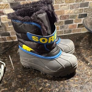 Sorel Kids' Black and Gray Winter Boots with Blue and Yellow Accents